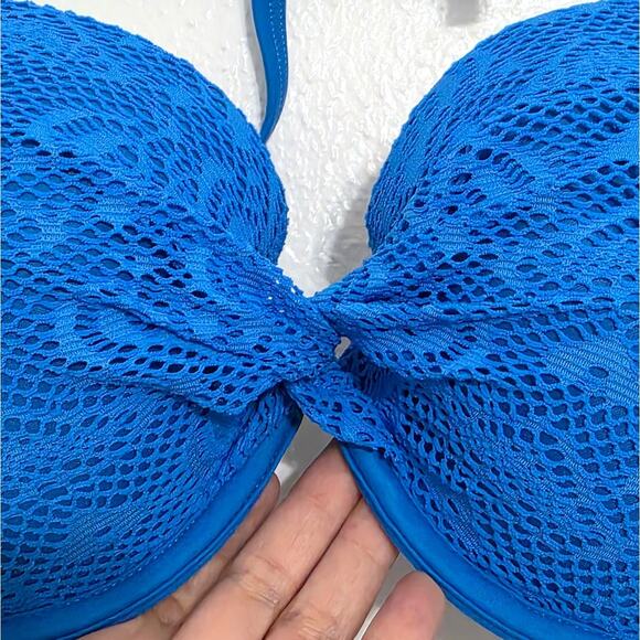 Aerie Twist Front Underwire Lace Overlay Halter Bikini Top Blue Size 36DD - Picture 6 of 9